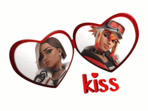 a couple of hearts with the word kiss in red