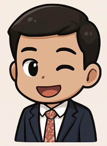 a cartoon drawing of a man in a suit and tie winks