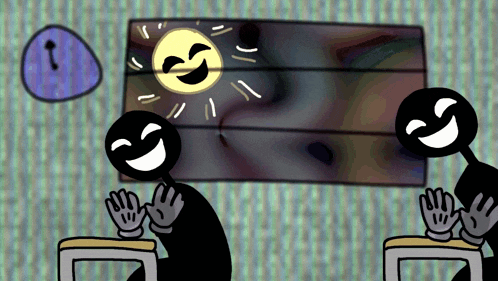 two stick figures are laughing in front of a smiley sun