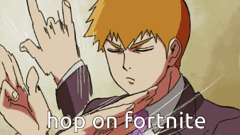 a cartoon of a man with the words hop on fortnite written below him