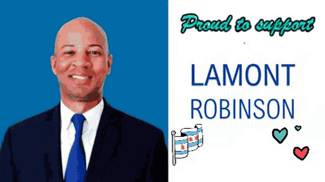 a man in a suit and tie is next to a sign that says " lamont robinson "