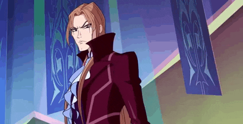 a cartoon character with long hair is standing in front of a wall with a banner on it .