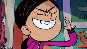 a cartoon character from the loud house is making a funny face and giving a peace sign .