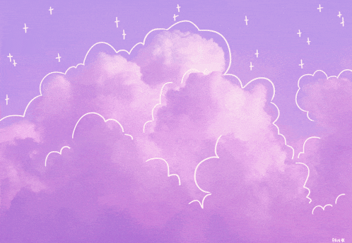 a drawing of a purple sky with clouds and a few stars with the letters fnv on the bottom