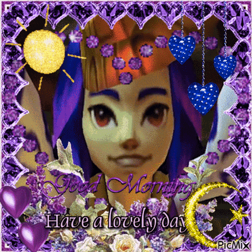 a picture of a girl with purple hair and the words " good morning have a lovely day "