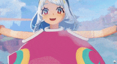 a cartoon girl with blue hair and red eyes is wearing a pink dress with a rainbow pattern .