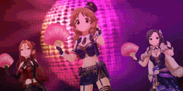 a group of anime girls are standing next to each other holding fans in front of a purple background .