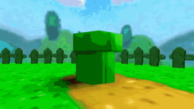 a video game scene with a green pipe and fence