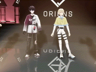 two anime characters are standing on a stage with the word origins in the background