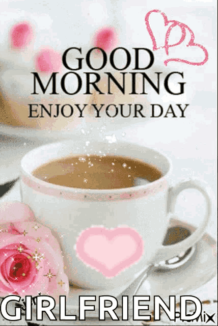 a good morning greeting card with a cup of coffee and a rose