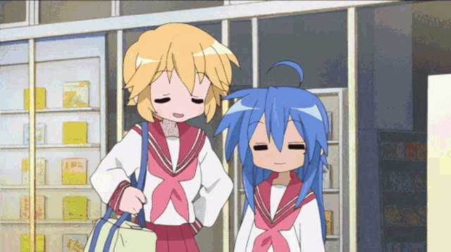two anime girls are standing next to each other in front of shelves of books
