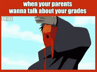 a cartoon of a man with a red mask and the words " when your parents wanna talk about your grades pride "