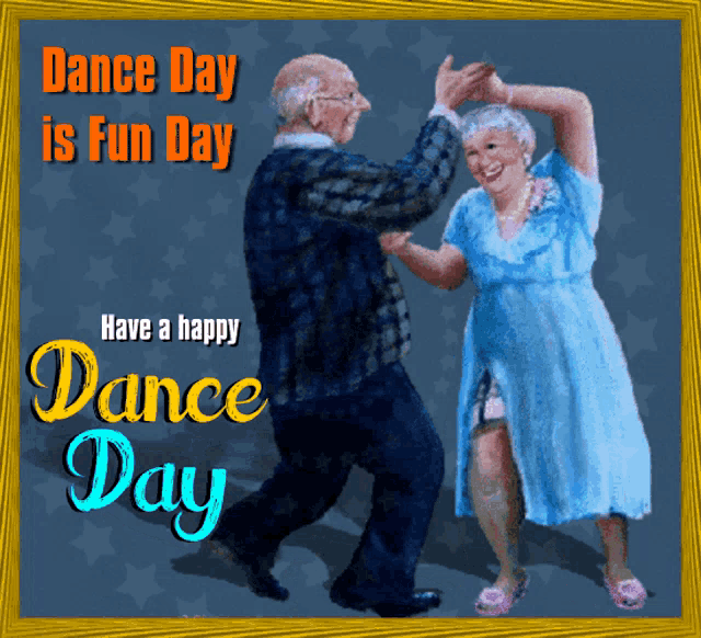 a picture of a man and woman dancing with the words dance day is fun day above them