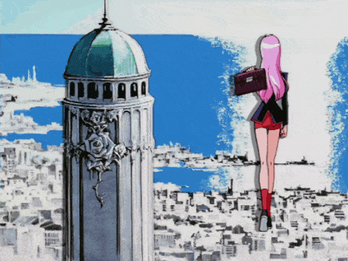a girl with pink hair and a briefcase stands in front of a very tall building