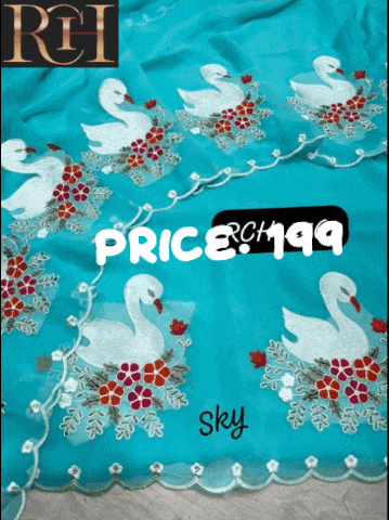 a blue saree with swans and flowers on it and the price is 199