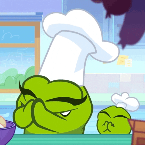 a green cartoon character wearing a chef 's hat looks angry