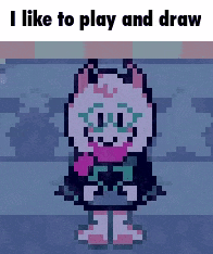 a pixel art of a cat with the words i like to play and draw