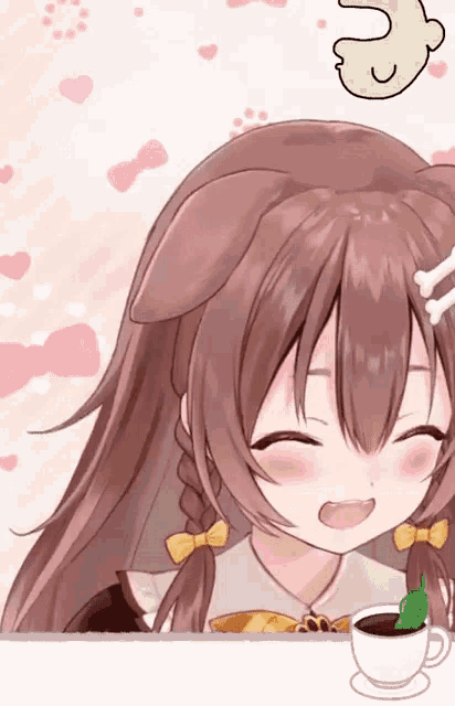a close up of a cartoon girl with a cup of coffee