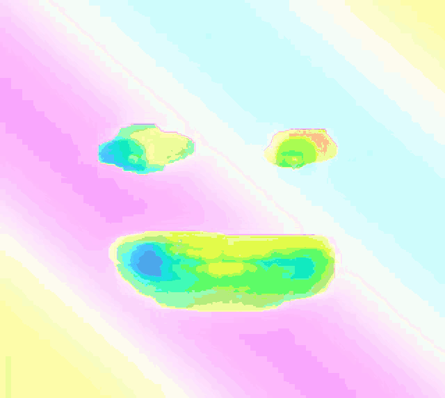 a drawing of a smiley face with blue eyes and a pink mouth