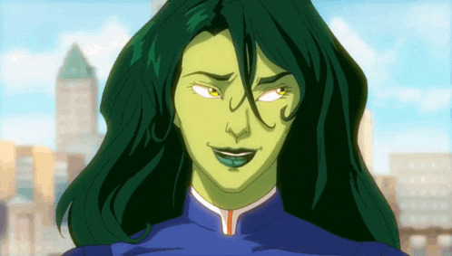 a cartoon drawing of a woman with long green hair