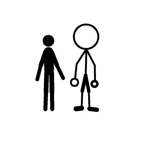 two stick figures are standing next to each other and one of them is holding a dumbbell .