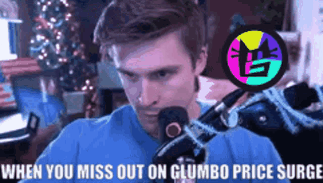 a man is sitting in front of a microphone with the words when you miss out on gumbo price surge written above him