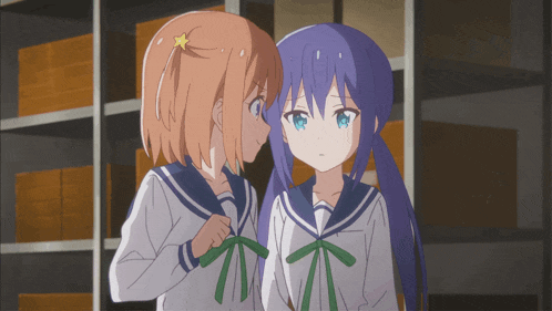 two anime girls are standing next to each other in a room