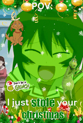 a christmas poster with a grinch and a girl with green hair