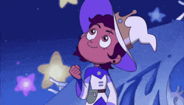a cartoon girl wearing a purple hat and a crown is looking up at a star .