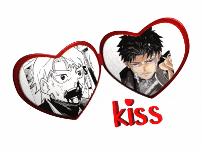 a couple of hearts with the word kiss in red