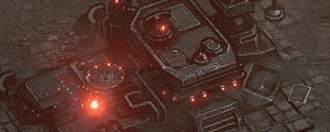 a computer generated image of a robot with a red light on it .