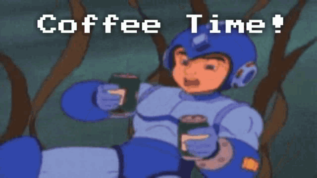 a cartoon character drinking a cup of coffee with the words coffee time