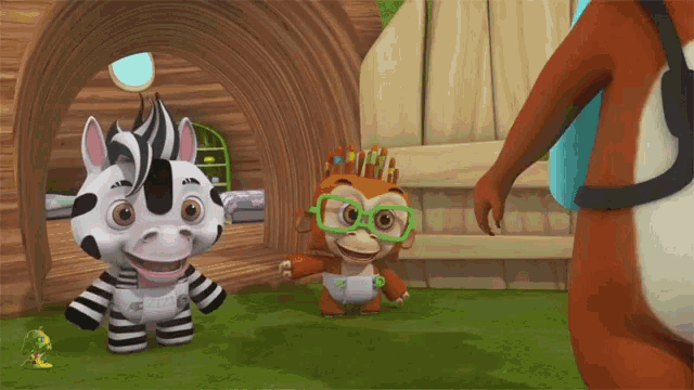 a zebra and a monkey are standing next to each other in a cartoon scene