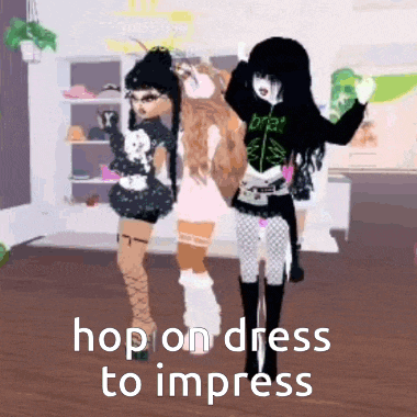 two girls are standing next to each other in a room with the words hop on dress to impress