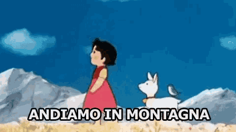 a girl and a dog are standing on top of a mountain with the words andiamo in montagna written below them