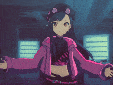 a girl wearing a pink jacket and a black hat is standing in front of a vending machine