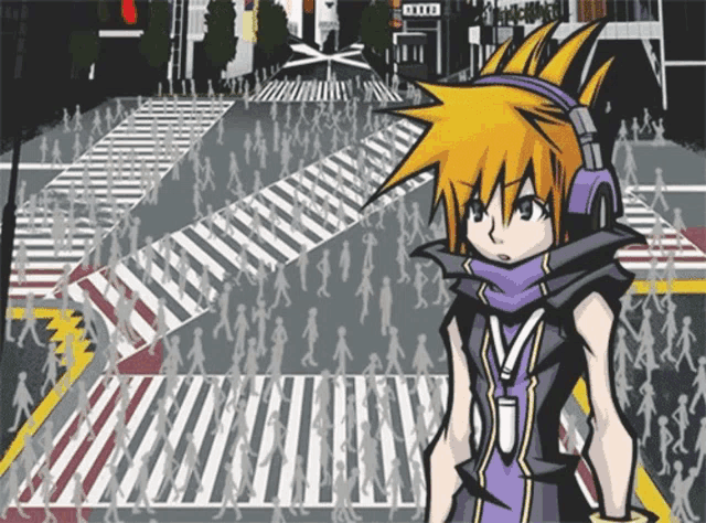 a cartoon character stands in front of a crowded crosswalk with a sign that says ' tokyo ' on it