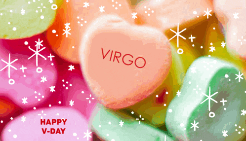 a happy v-day greeting card with candy hearts and a virgo heart