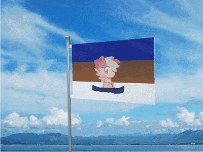 a flag with a picture of a girl in a boat on it