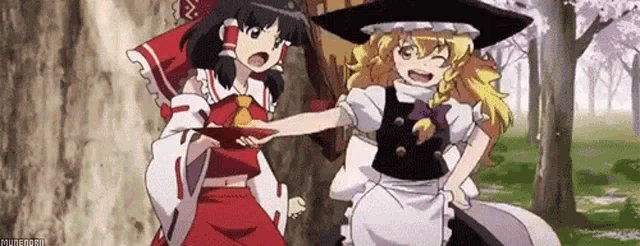 two anime girls are standing next to each other in the woods .