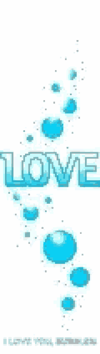 the word love is surrounded by blue bubbles and hearts on a white background .