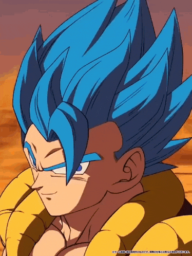 a close up of a cartoon character with blue hair and a yellow jacket