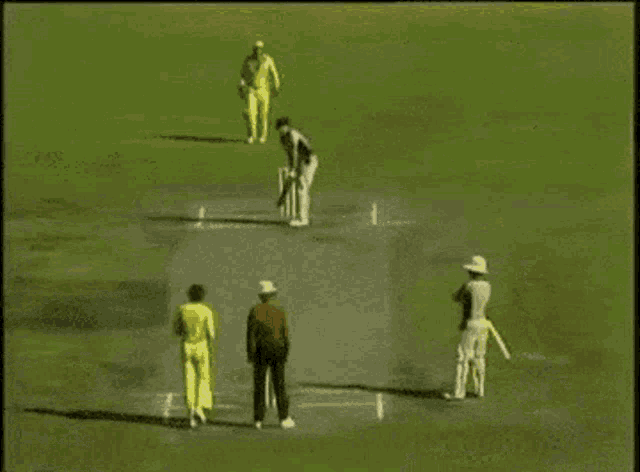 a group of men are standing on a cricket field watching a cricket game being played .