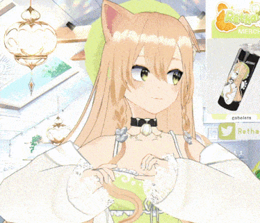 a girl with a cat ear and a green beret is giving the middle finger