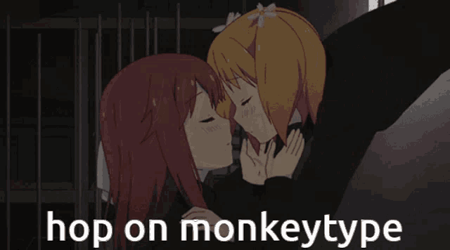 a picture of two people kissing with the words hop on monkeytype below them
