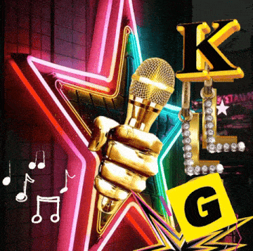 a hand holding a microphone in front of a neon star with the letter k and l on it