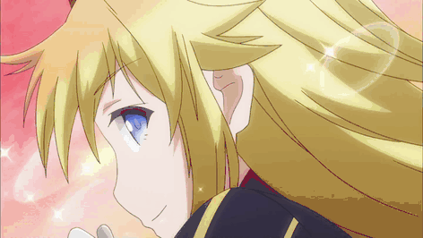 a close up of a blonde anime character with a blue eye