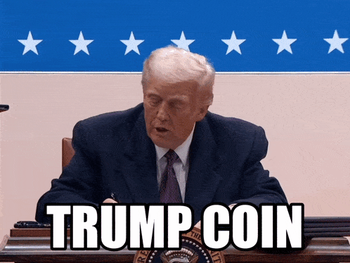 a man in a suit and tie is sitting at a table with the word trump coin on the front
