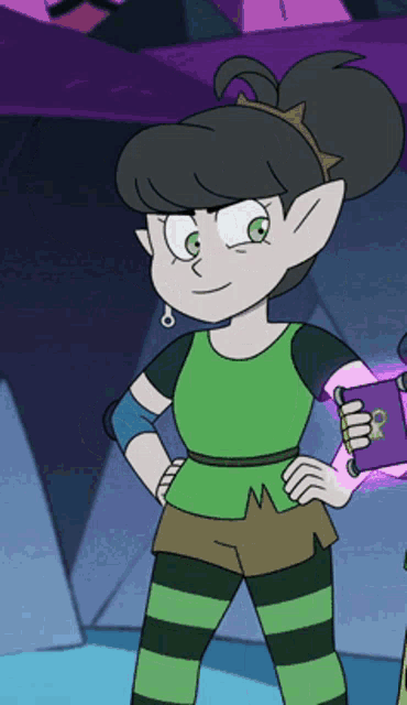 a cartoon character with a green shirt and striped shorts