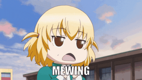 a girl with a surprised look on her face and the word mewing below her